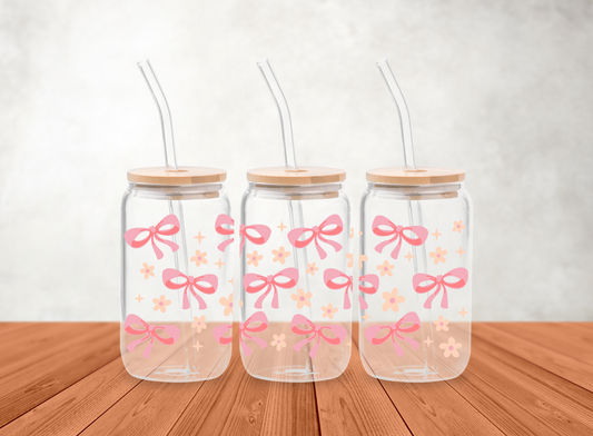 Bows and Daisies Glass Can